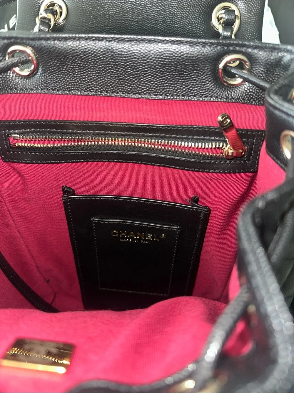 CHANEL Black Quilted Leather Drawstring Backpack with Gold CC